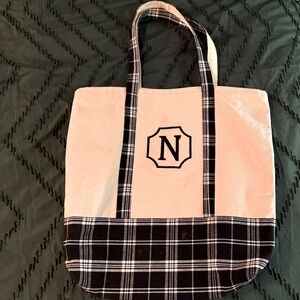 Monogrammed N Cream and Black Plaid Tote Bag